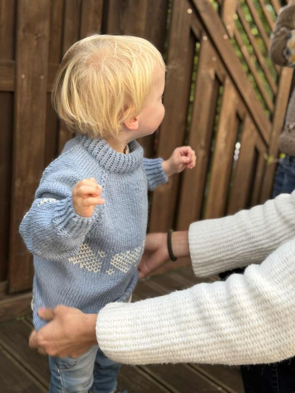 Julekorg-genser, blå variant - Ferdigstrikka